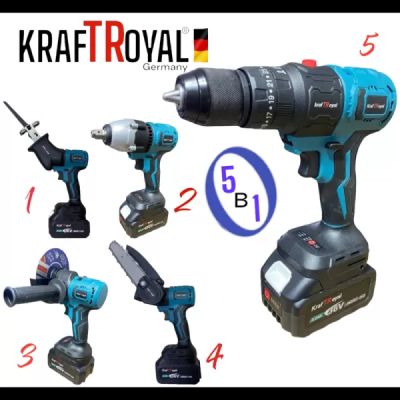 5в1 универсален комплект с 5 приставки, сменяеми глави KRAFTROYAL 36V 8AH: винтоверт, гайковерт, саблен трион, резачка за клони и ъглошлайф