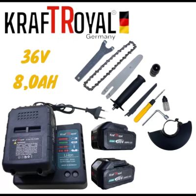 5в1 универсален комплект с 5 приставки, сменяеми глави KRAFTROYAL 36V 8AH: винтоверт, гайковерт, саблен трион, резачка за клони и ъглошлайф