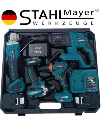 4в1 Акумулаторен гайковерт, винтоверт, ъглошлайф 125мм и перфоратор 36V 8,0AH + 3х Батерии и куфар STAHL MAYER