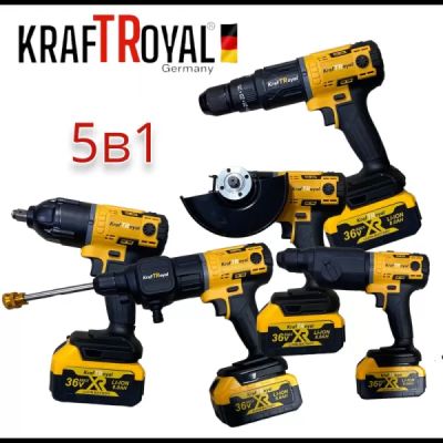 5в1 универсален комплект с 5 приставки, сменяеми глави KRAFTROYAL 36V: водоструйка, винтоверт, гайковерт-импакт, перфоратор и ъглошлайф – акумулаторен инструмент с 2 батерии