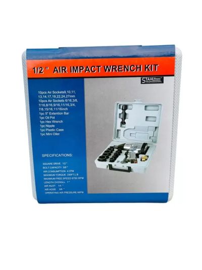 Компресор за въздух 50л. Бутален Stahl Mayer + ПневматиченГайковер т 850нм. на 1/2. Stahl Mayer с вложки 17ч.