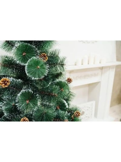 Гъста Изкуствена Коледна Елха ЛУКС, Тип БОР + Шишарки със Заснежени връхчета - 120см