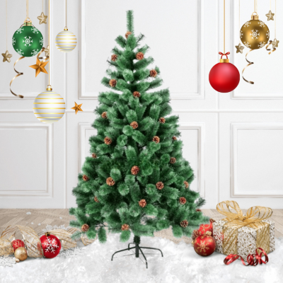 Гъста Изкуствена Коледна Елха ЛУКС, Тип БОР + Шишарки със Зелени връхчета - 240см