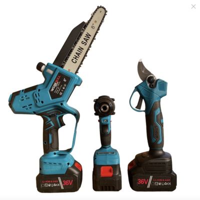 3В1 Немски Безчеткови Резачка с автоматично омасляване, Ножица и Ударен Винтоверт + две батерии и 50 части в куфар